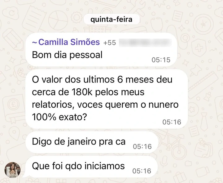Depoimento de Camilla Simões no WhatsApp